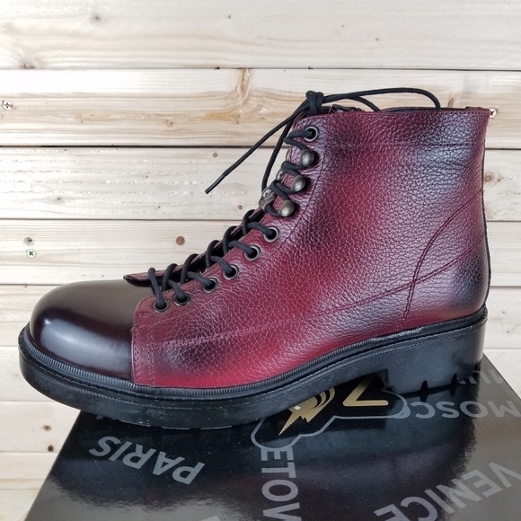 Men's Boots 10M 100% Genuine Leather Burgundy Biker Paul Branco Side Zip Lace-up - Picture 8 of 10